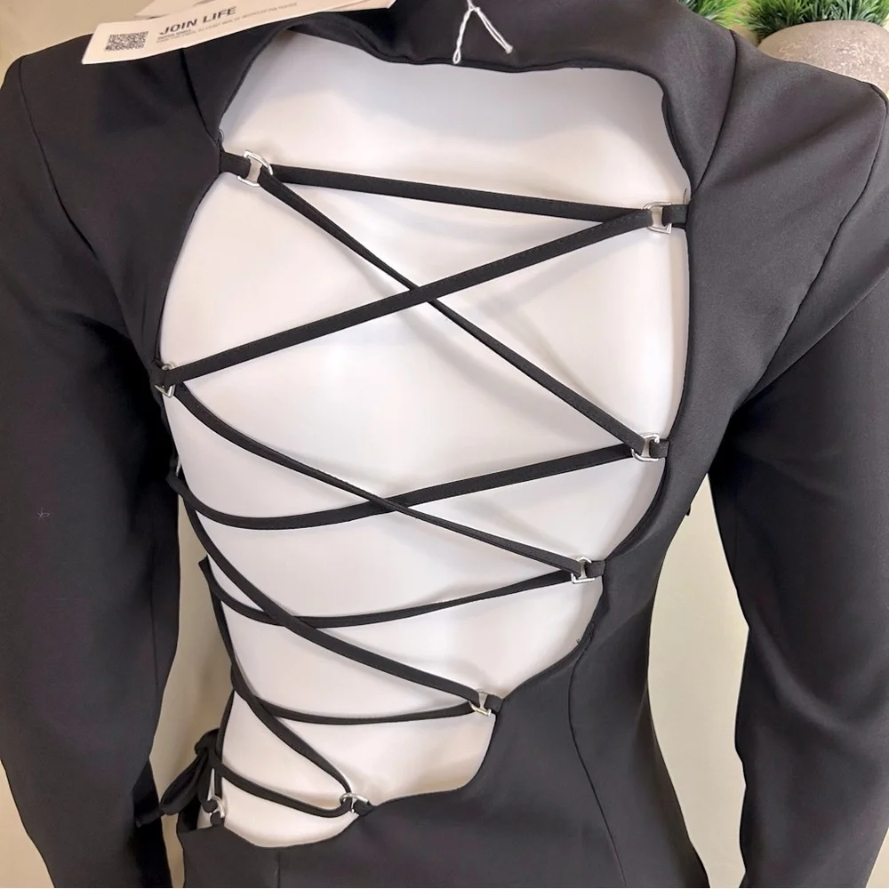 ZARA NWT Black Open Back Tall length Lace Up Strappy Long Sleeve Mini Dress - Picture 5 of 11